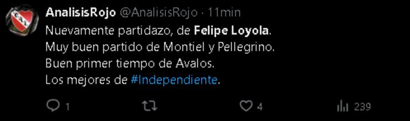 Los elogios de los hinchas de Independiente a Felipe Loyola tras el partido ante River.