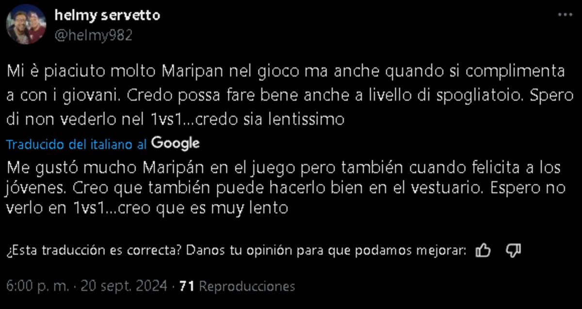 Los positivos comentarios que dejó el debut de Maripán en el Torino.