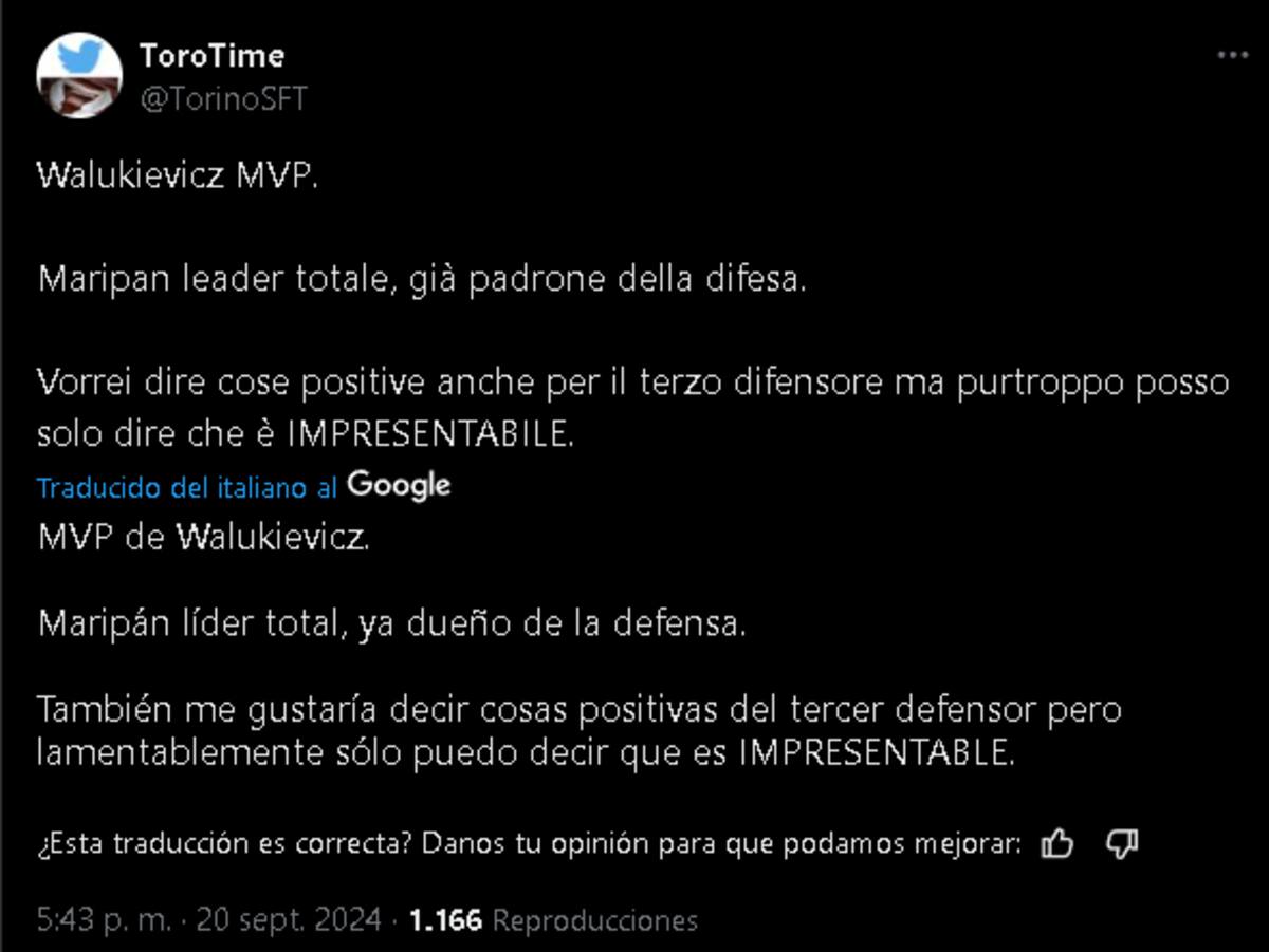 Los positivos comentarios que dejó el debut de Maripán en el Torino.