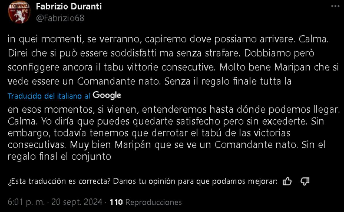 Los positivos comentarios que dejó el debut de Maripán en el Torino.