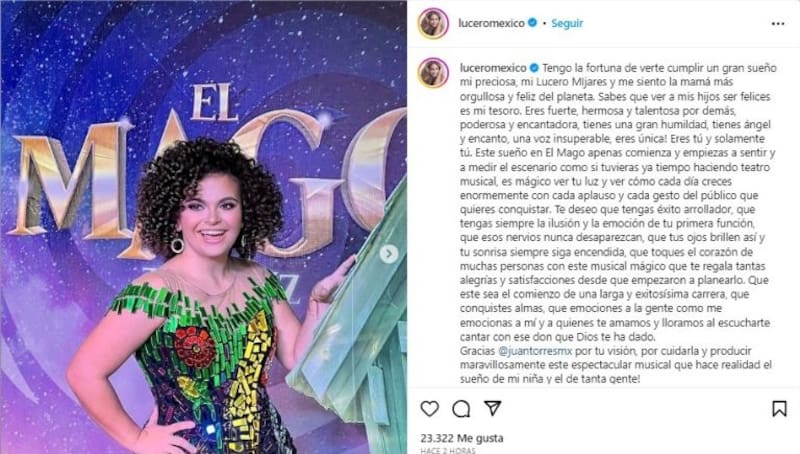 La "Novia de América" dedica emotivo mensaje a su hija Lucerito, tras debut en el teatro.