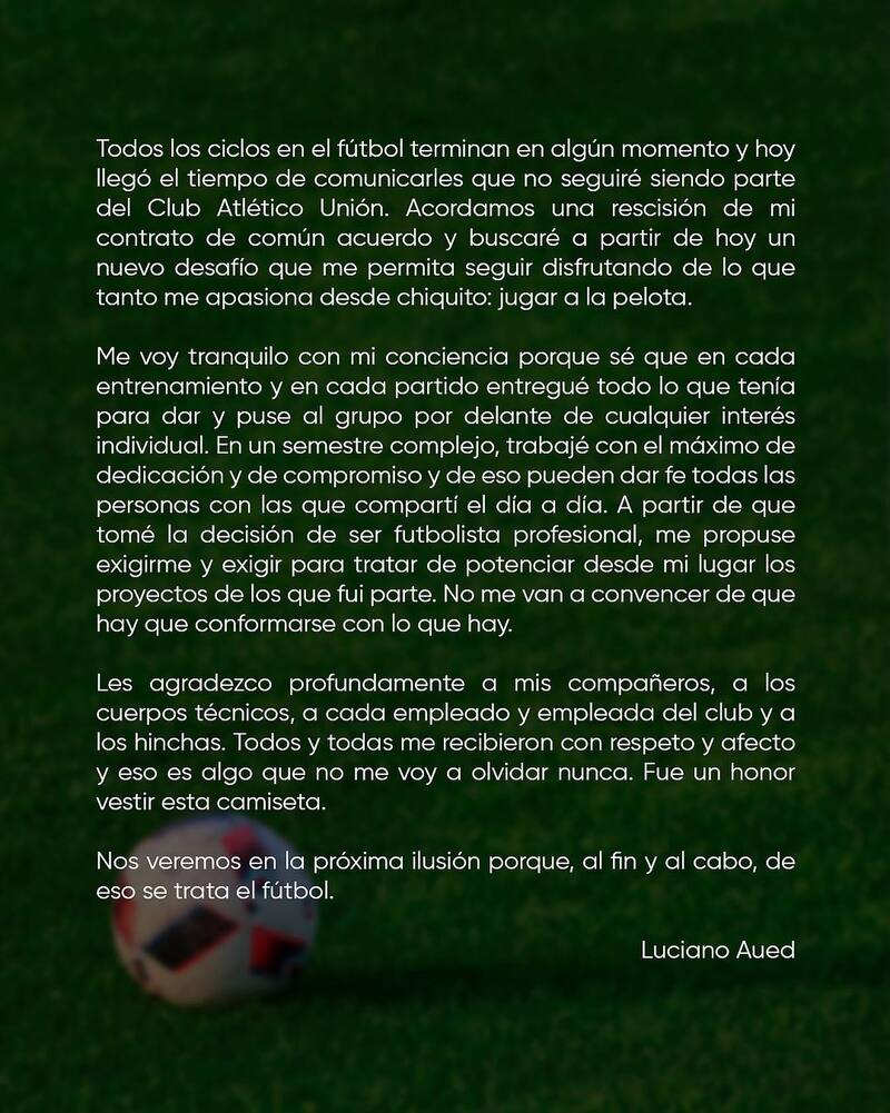 El mediocampista informó en un comunicado su salida de Unión Santa Fe.