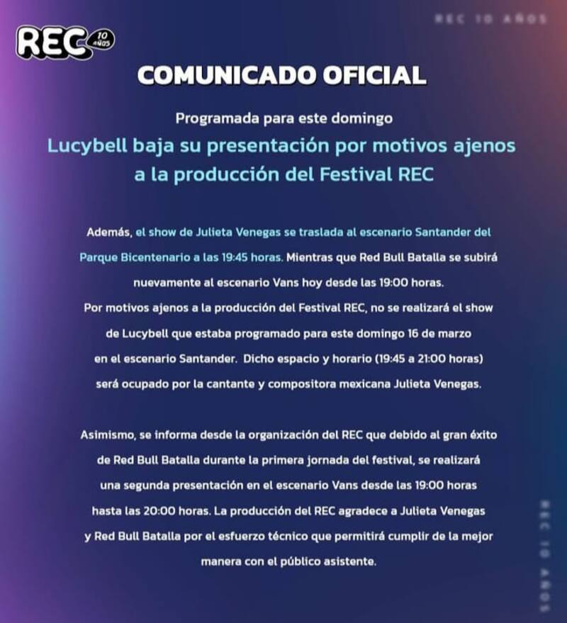no se presentará esta noche en el Festival REC. Créditos: Instagram