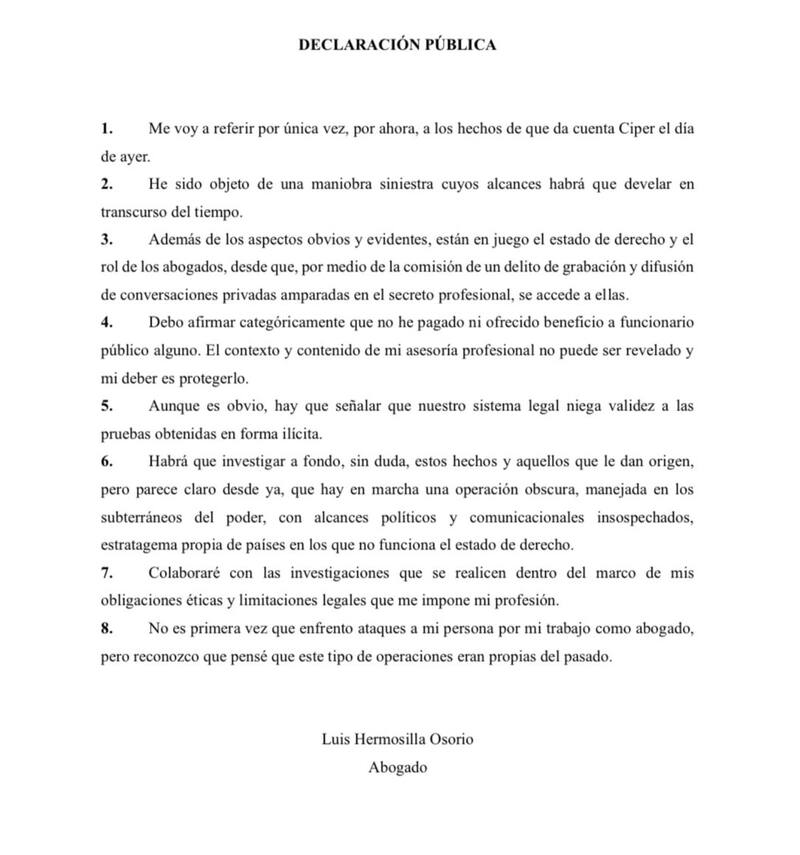 Esta es la declaración pública que entregó el abogado Luis Hermosilla, tras los audios publicados por Ciper.