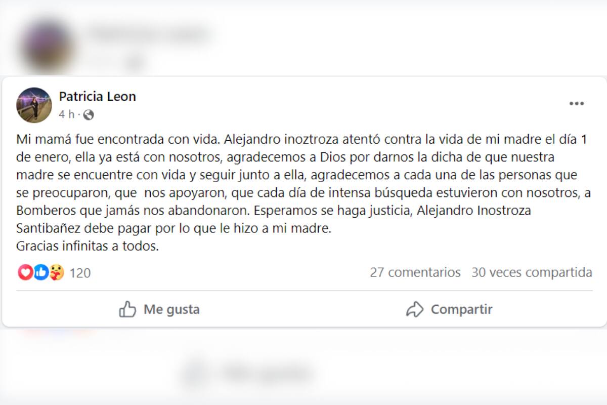 Luisa Cárdenas fue encontrada con vida y ya está con su familia. (Captura Facebook)