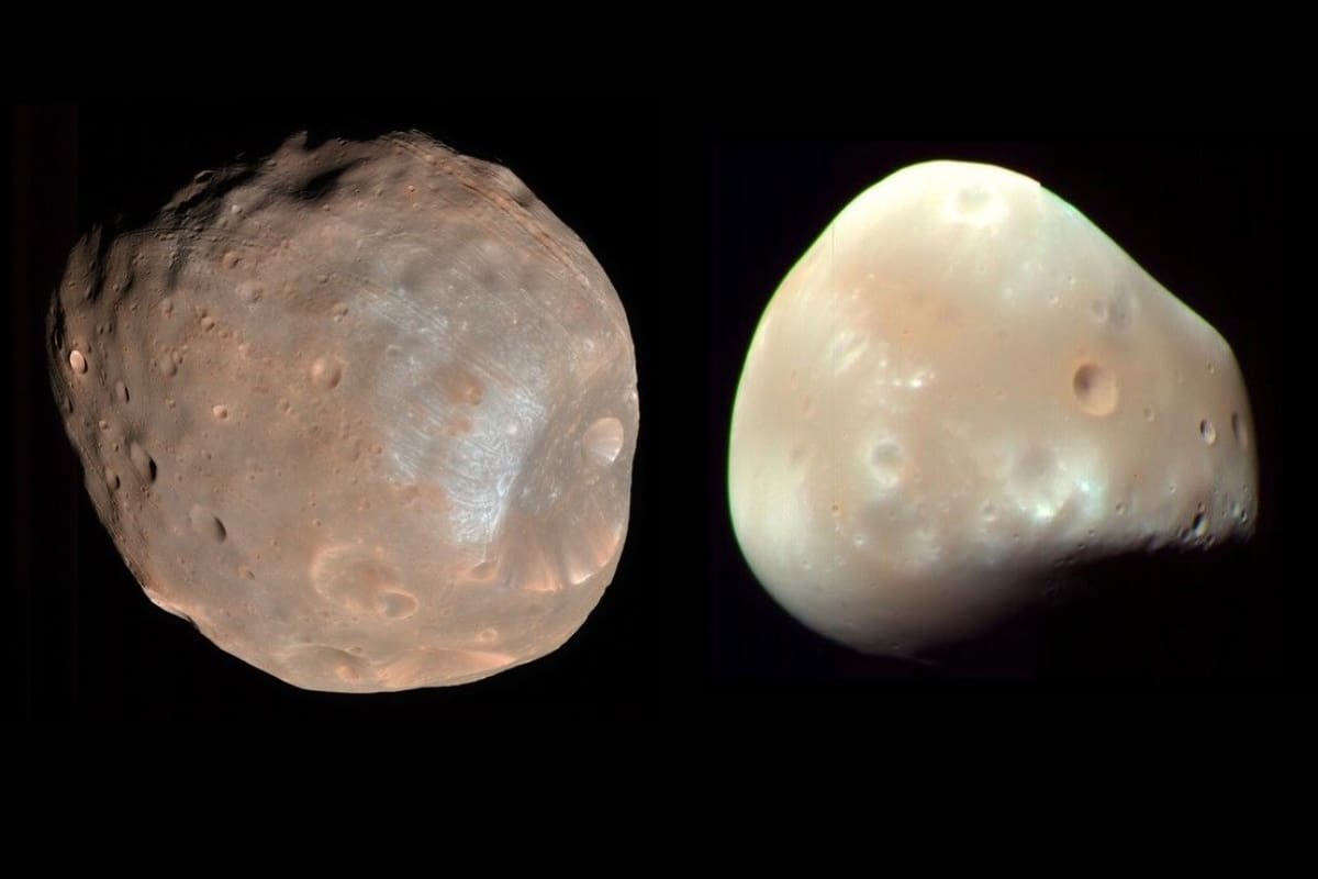 Los satélites Fobos y Deimos, de izquierda a derecha, respectivamente.