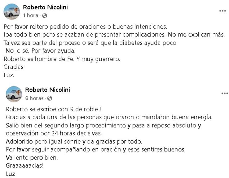 Luz, pareja de Roberto Nicolini, actualizó sobre su estado de salud. Créditos: Facebook