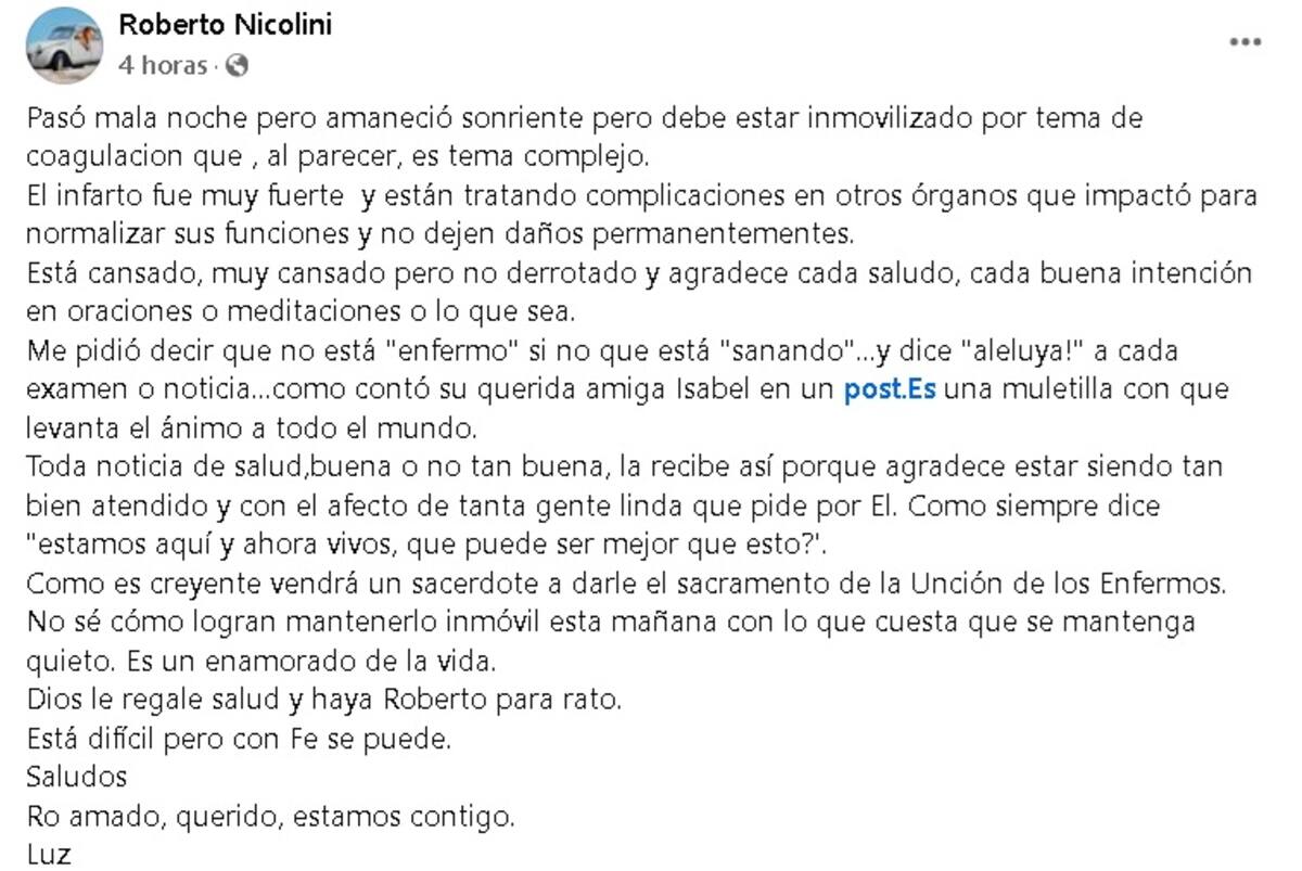 Luz, pareja de Roberto Nicolini, actualizó su estado de salud. Créditos: Facebook