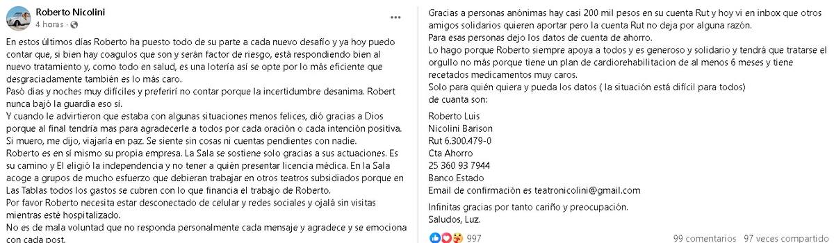 Luz, pareja de Roberto Nicolini, actualizó su estado de salud. Créditos: Facebook
