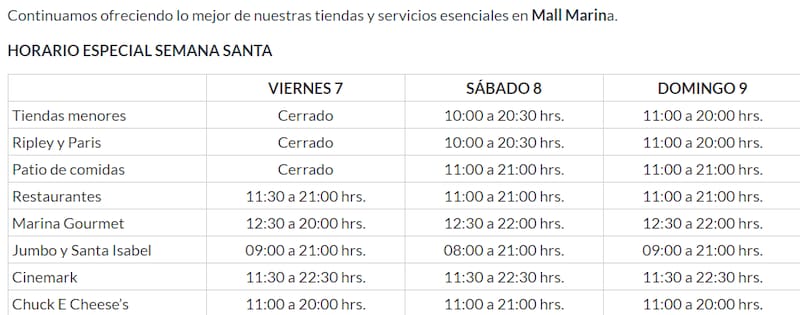 Sus horarios para semana santa. Captura: Mall Marina