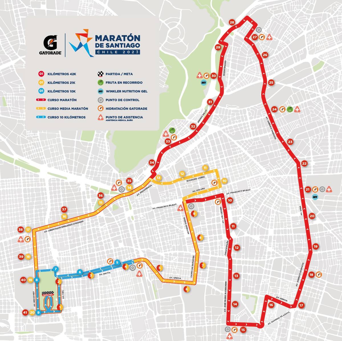 Mapa del recorrido global del Maratón de Santiago 2023.