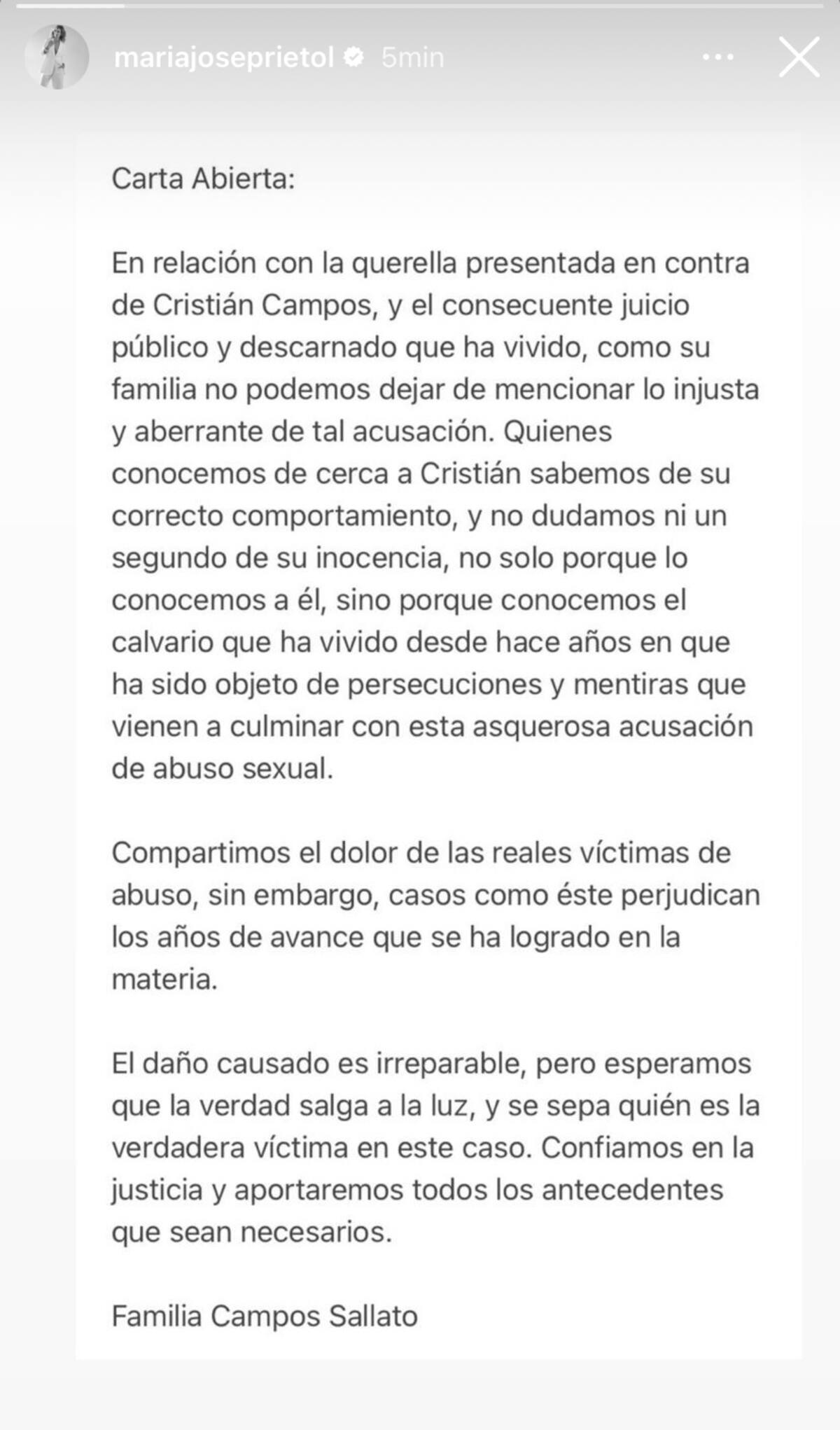 María José Prieto compartió el comunicado de la familia Campos Sallato.