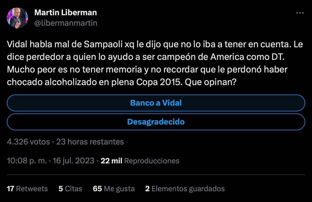 El periodista argentino Martín Liberman criticó a Arturo Vidal.