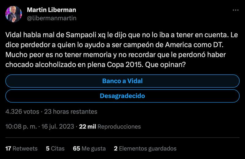 El periodista argentino Martín Liberman criticó a Arturo Vidal.