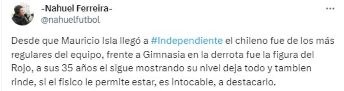 Mauricio Isla fue destacado por el periodista argentino Nahuel Ferreira