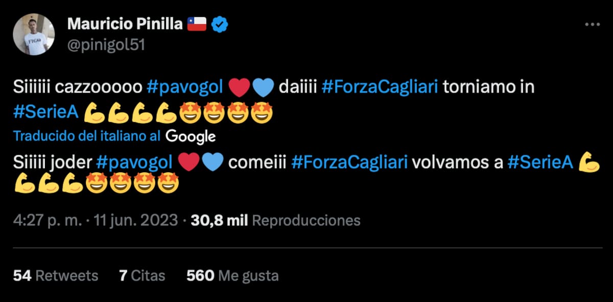 El festejo de Mauricio Pinilla tras la vuelta a la Serie A del Cagliari.