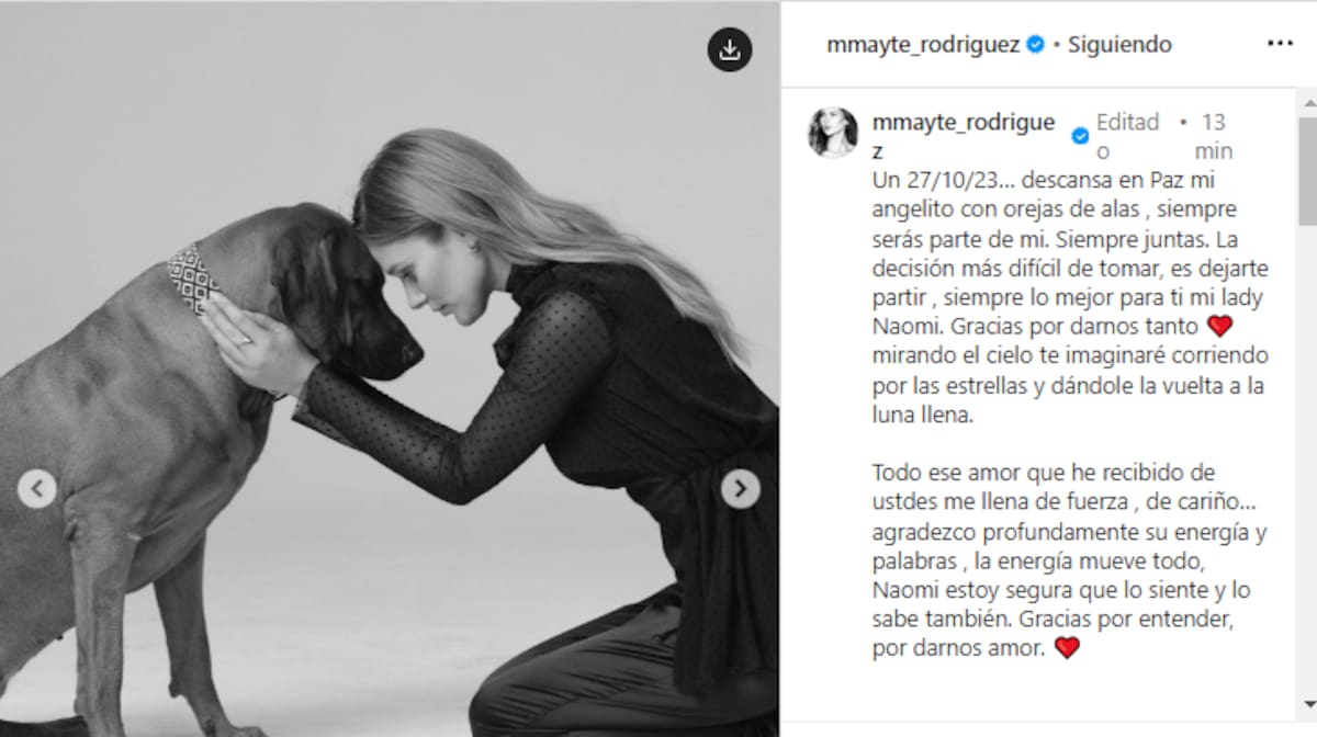 Mayte Rodríguez se despide de su perrita, Naomi