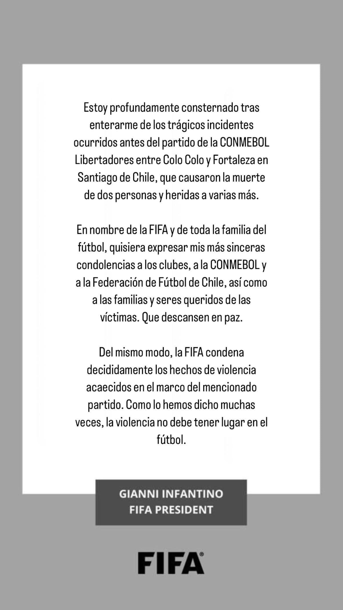 Esto escribió el mandamás de la FIFA sobre los hechos ocurridos en el Estadio Monumental.