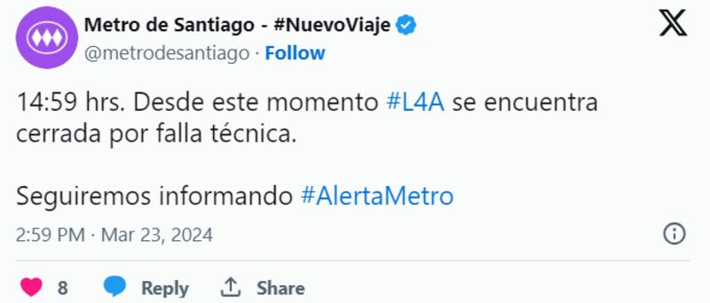 Metro de Santiago a través de X.