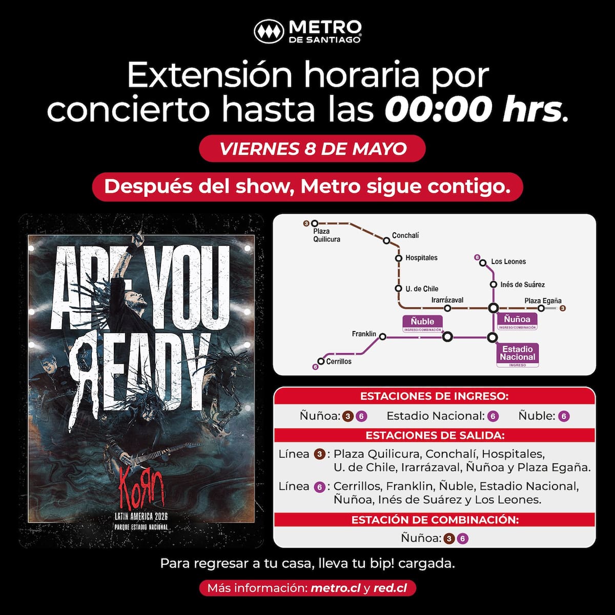 La medida estará disponible únicamente para la noche de este viernes 8 de mayo. Foto: Metro de Santiago en X.