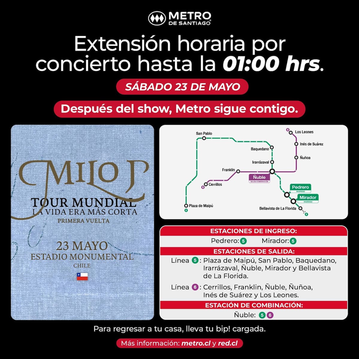 Extensión en el servicio de trenes para este sábado 23 de mayo. Foto: Metro de Santiago en X.