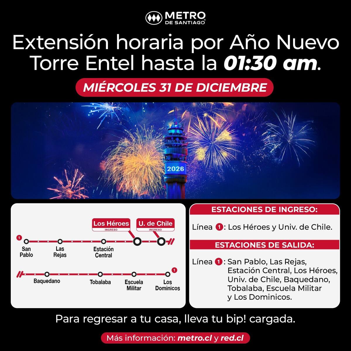 La extensión horaria beneficiará solo a estaciones de la Línea 1. Foto: Metro de Santiago en X.