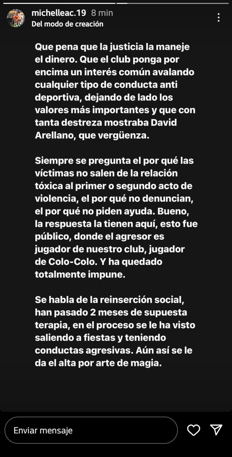La publicación en Instagram de Michelle Olivares Acevedo por el reintegro de Jordhy Thompson.