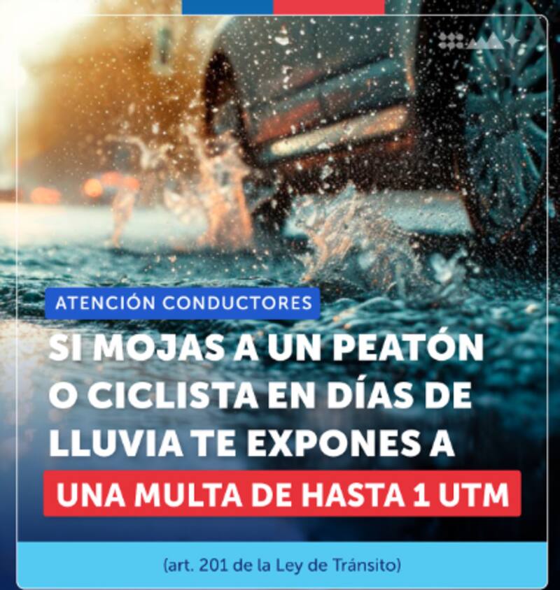 Los conductores que mojen a peatones o ciclistas, deberán pagar hasta 1 UTM.