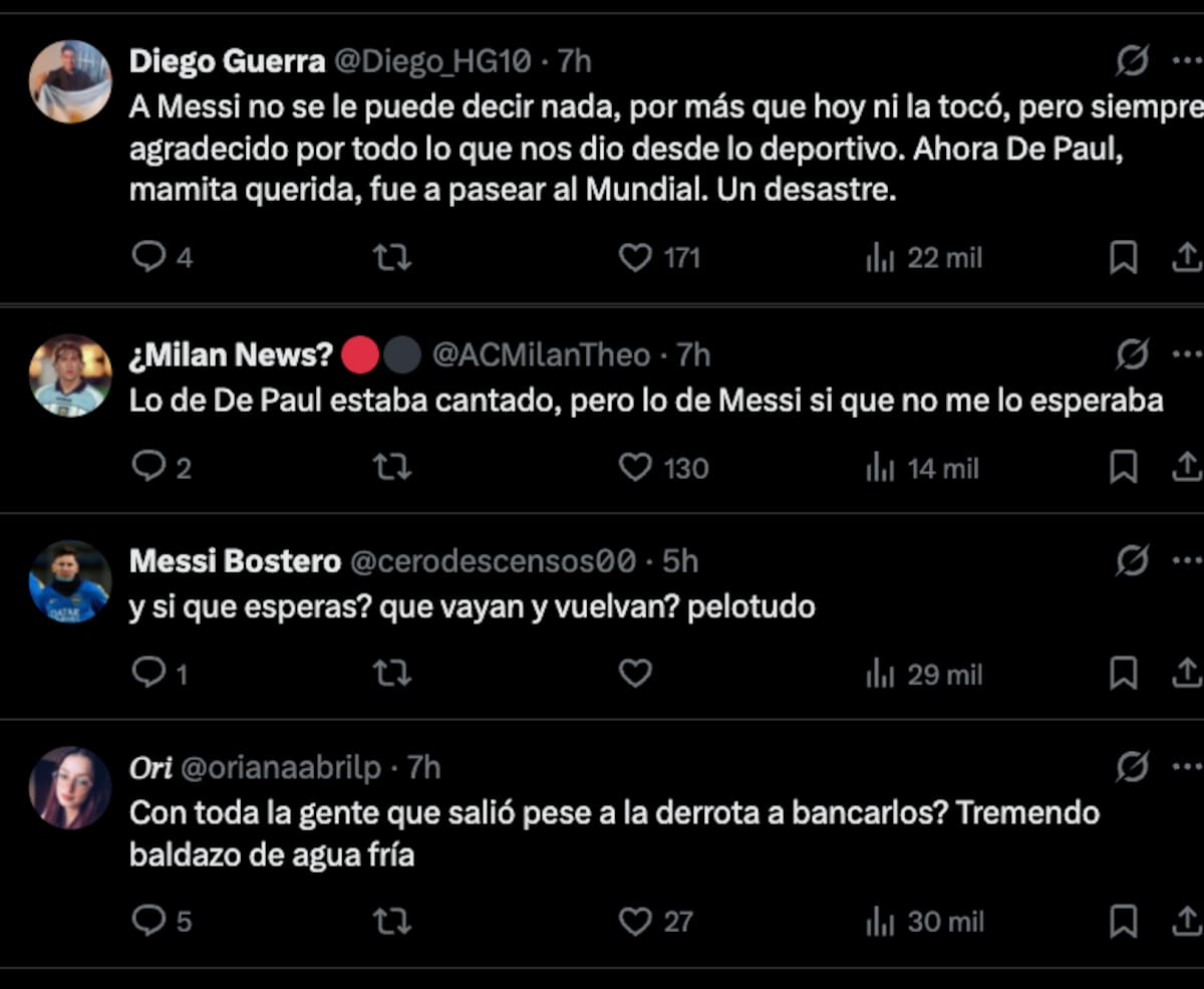 Hinchas argentinos cuestionaron decisión de Messi y De Paul. Foto: Captura.