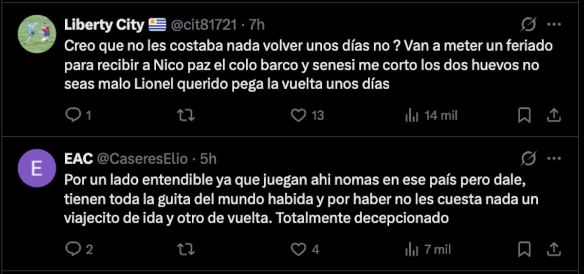 Hinchas argentinos cuestionaron decisión de Messi y De Paul. Foto: Captura.