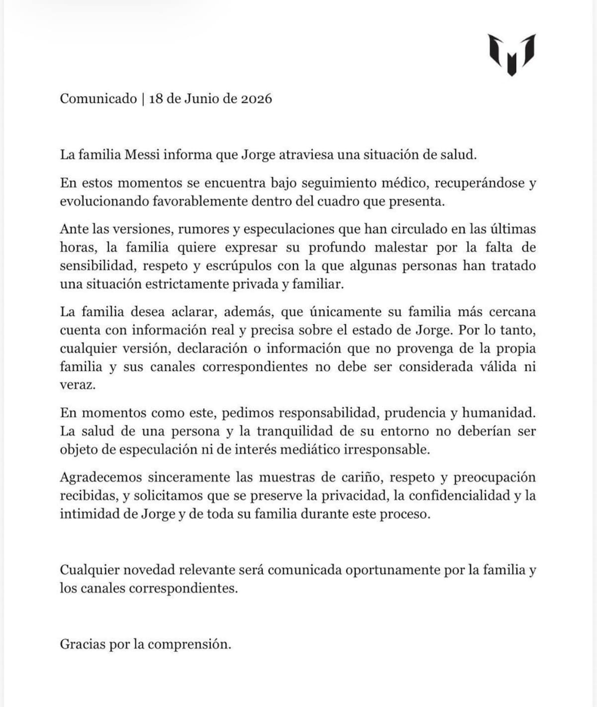 La familia de Lionel Messi transparentó el estado de salud del padre del jugador.