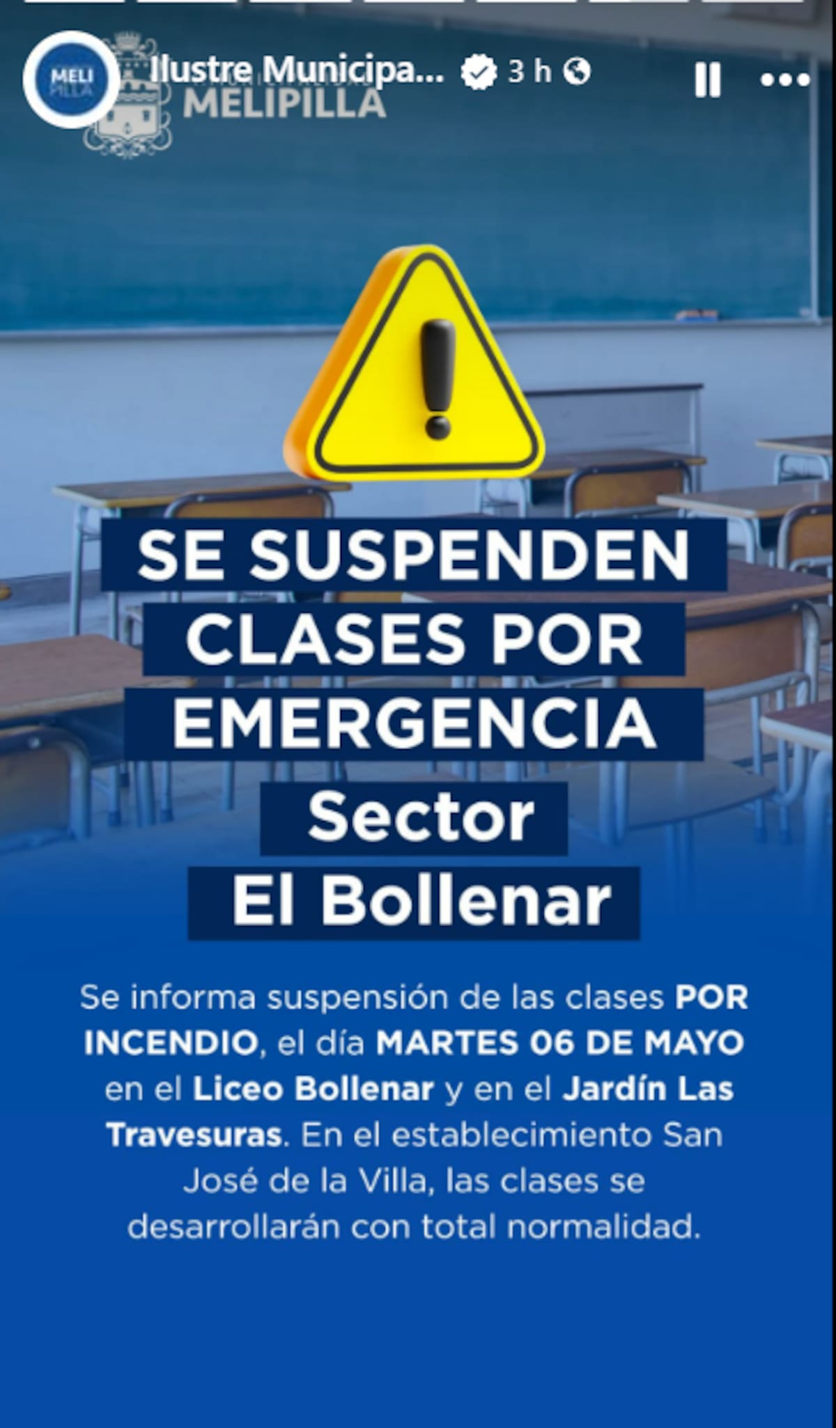 El municipio suspenderá las clases en algunos establecimientos educacionales producto de la emergencia.
