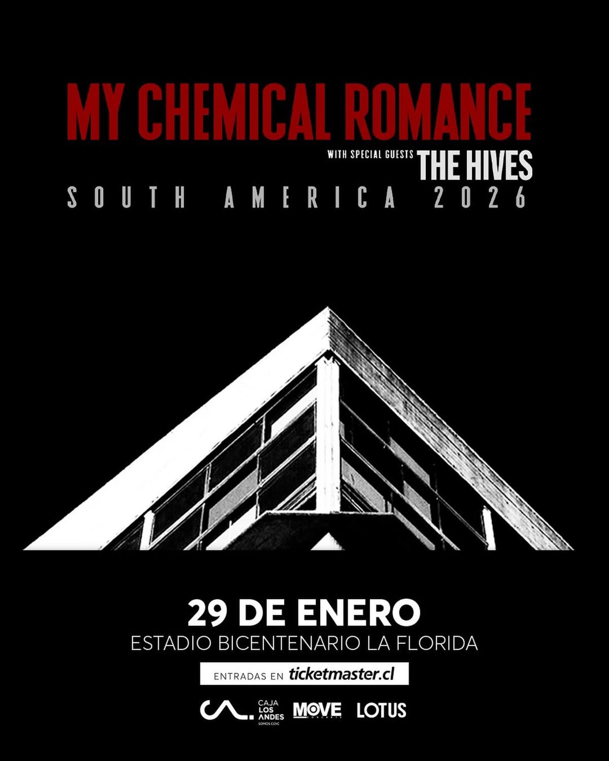 Afiche oficial del concierto que la banda dará en el Estadio Bicentenario de La Florida.