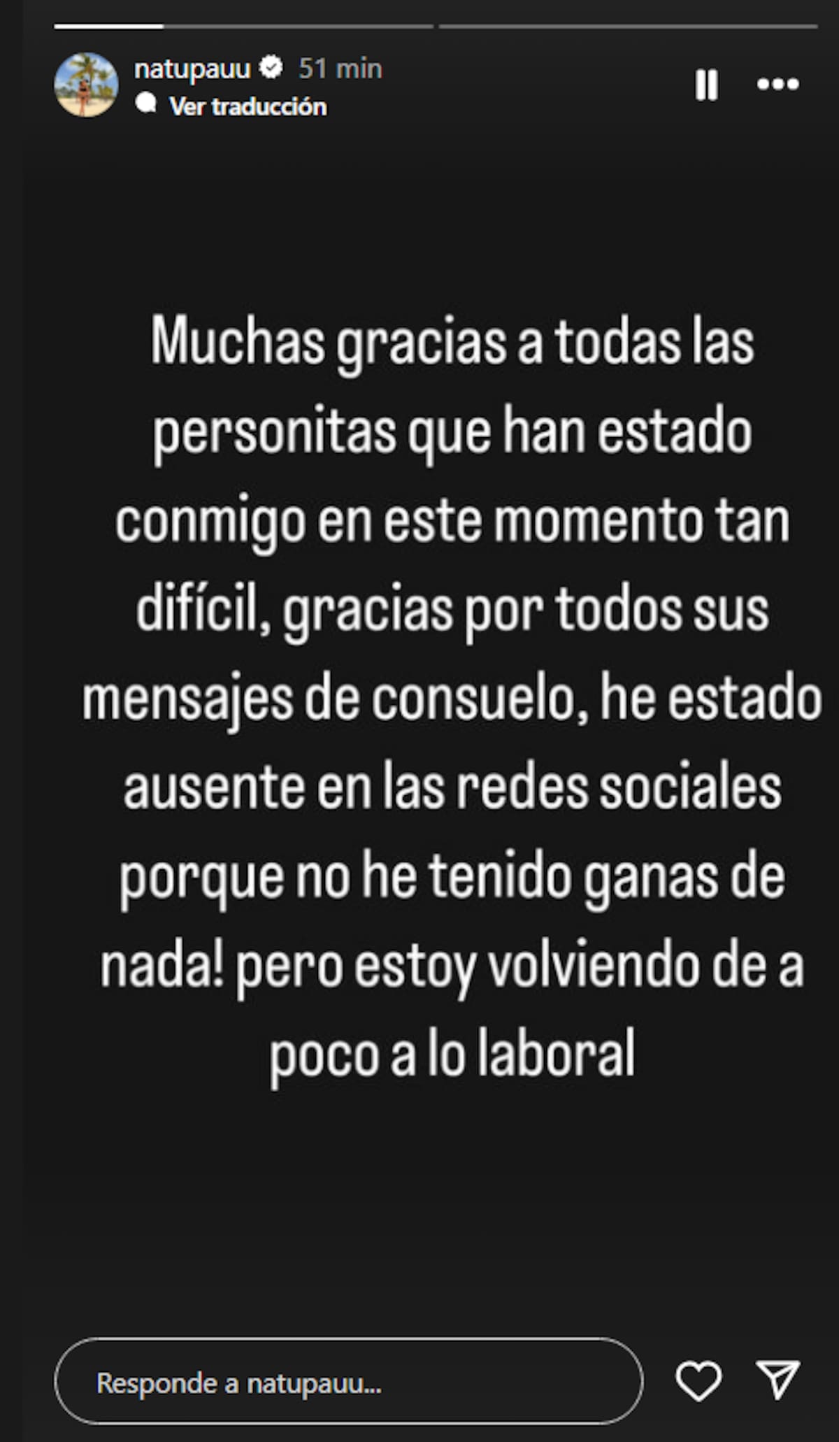 Natu Paulina publicó en redes sociales un mensaje a sus seguidores.