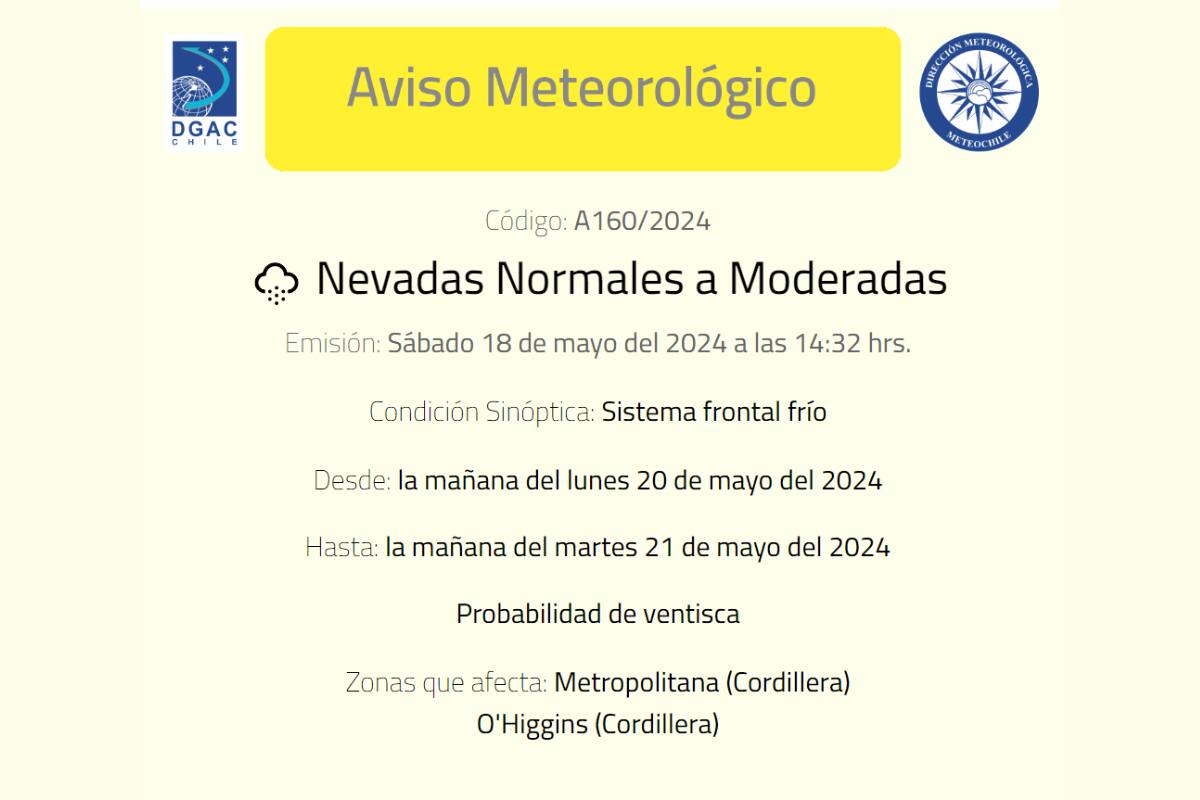 La DMC envió un aviso ante posibles nevadas en el centro del país.