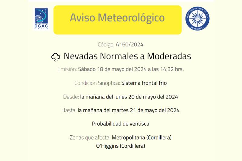 La DMC envió un aviso ante posibles nevadas en el centro del país.