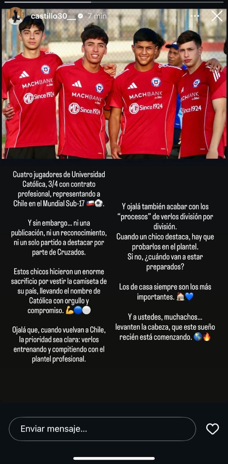 El ex delantero cruzado apuntó contra la dirigencia de la UC por falta de reconocimiento a sus seleccionados nacionales juveniles. Foto: Instagram Nicolás Castillo.