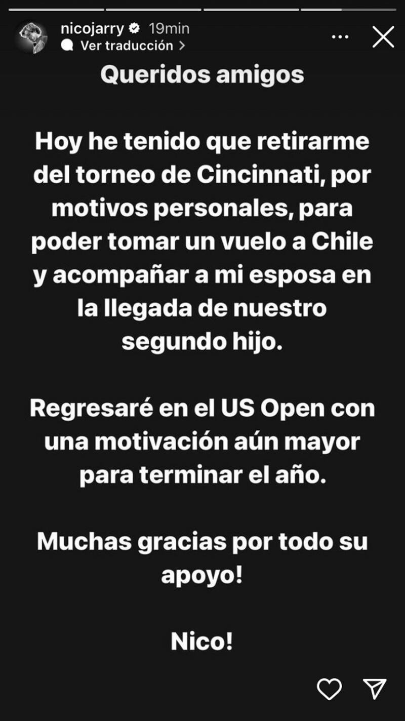 Nicolás Jarry anunció su retiro del Masters 1000 de Cincinnati
