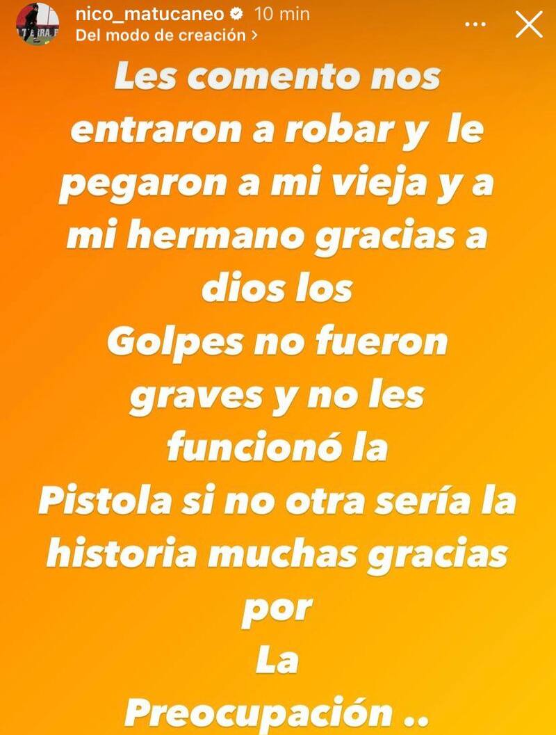 La historia que subió Nicolás Maturana relatando el robo que sufrió su familia.