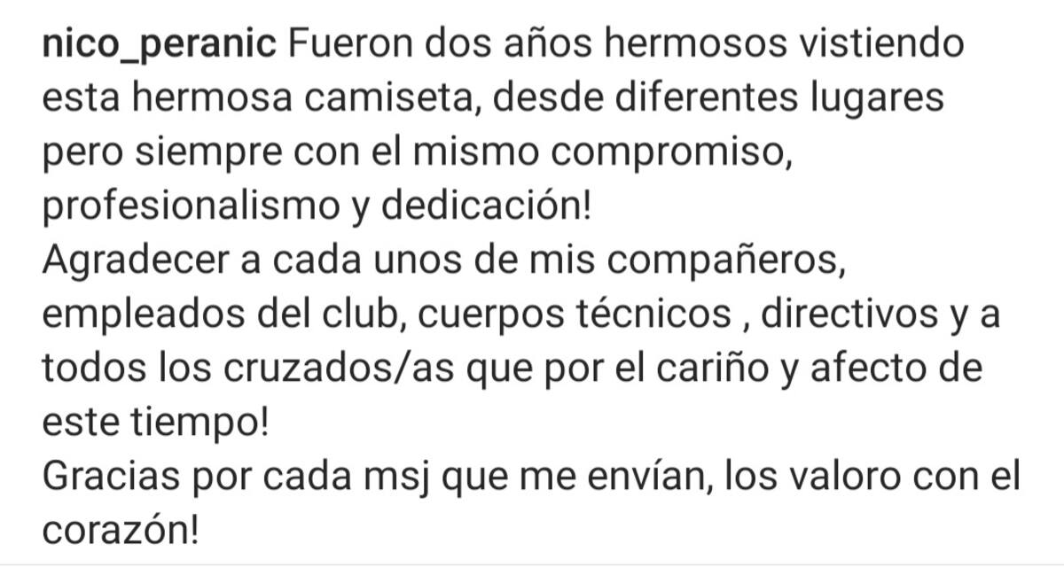Nico Peranic y su mensaje a los Cruzados.
