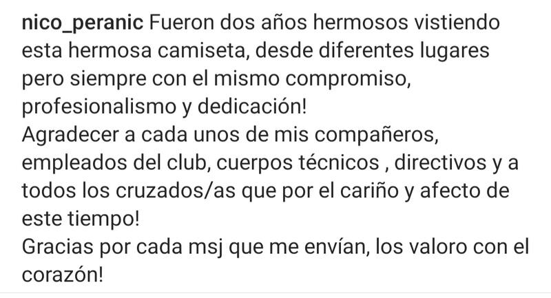Nico Peranic y su mensaje a los Cruzados.
