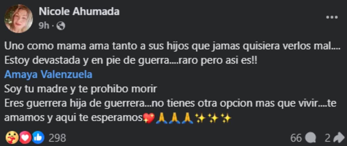 se desahoga por el estado de salud de su hija. Vía Facebook