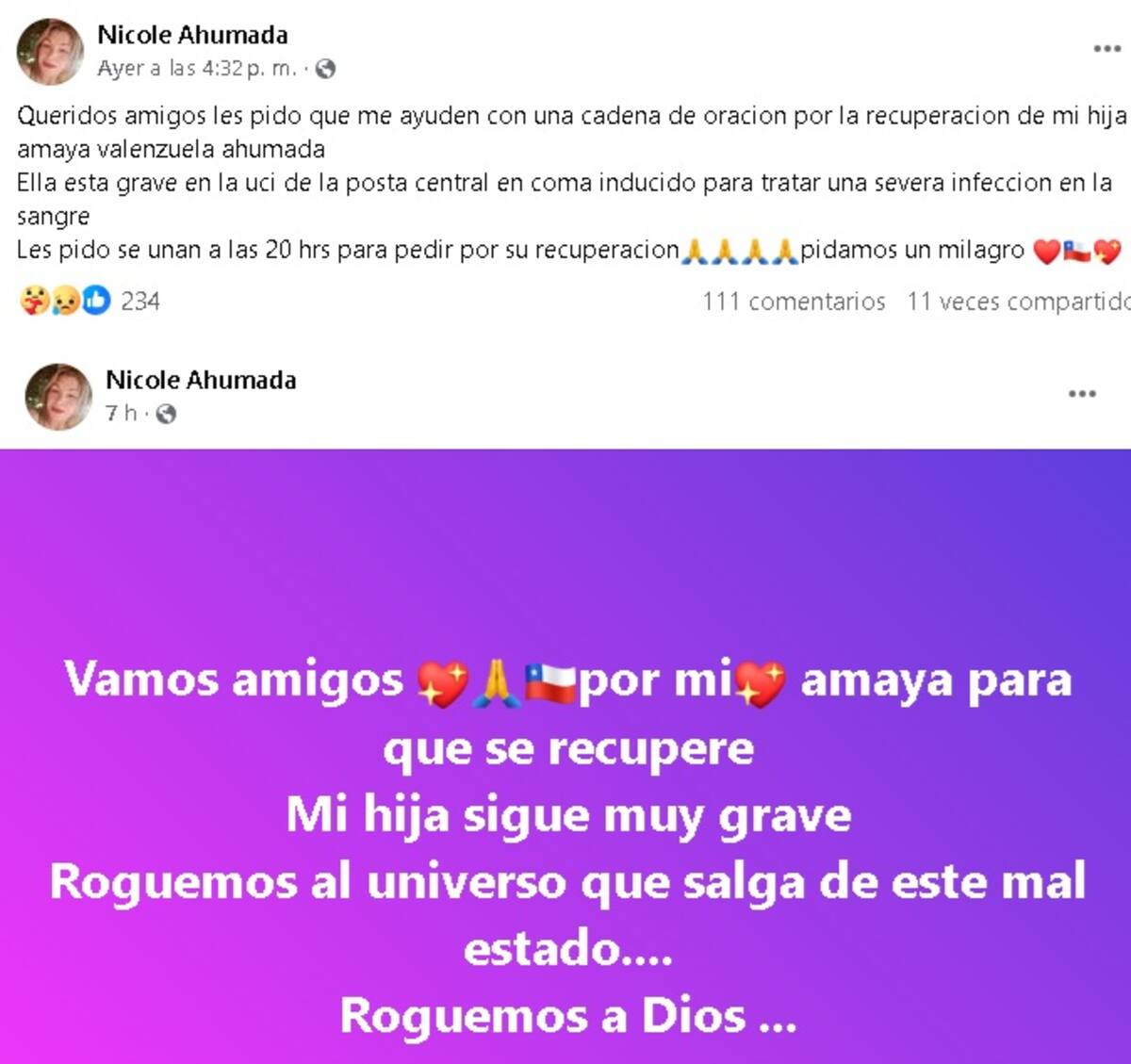 La madre de Amaya pide por la recuperación de su hija. Créditos: Facebook