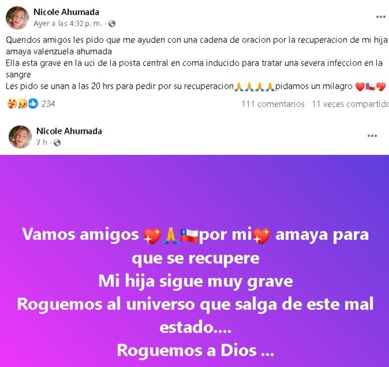 La madre de Amaya pide por la recuperación de su hija. Créditos: Facebook