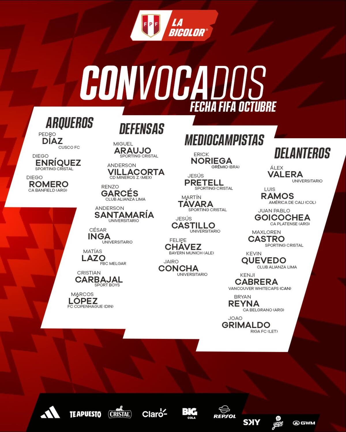 Los 25 convocados para jugar el amistoso ante Chile. Foto: tufpf_oficial