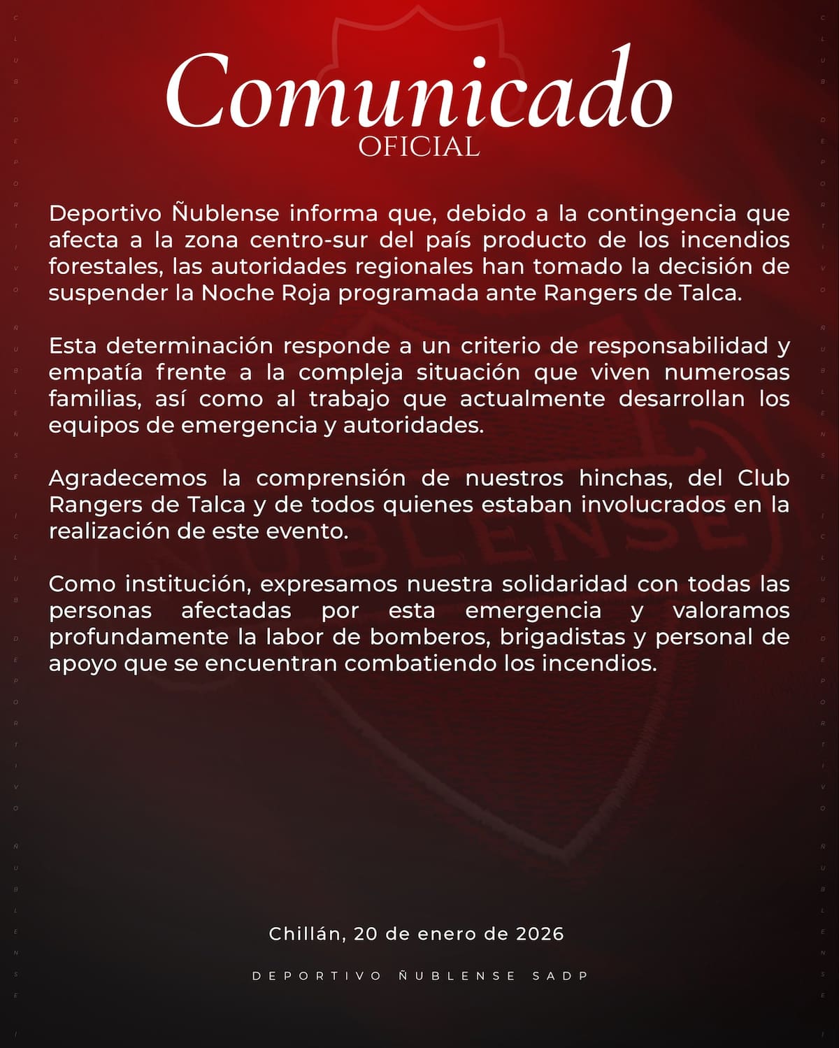 Comunicado sobre la Noche Roja. Foto: @NublenseSADP en X