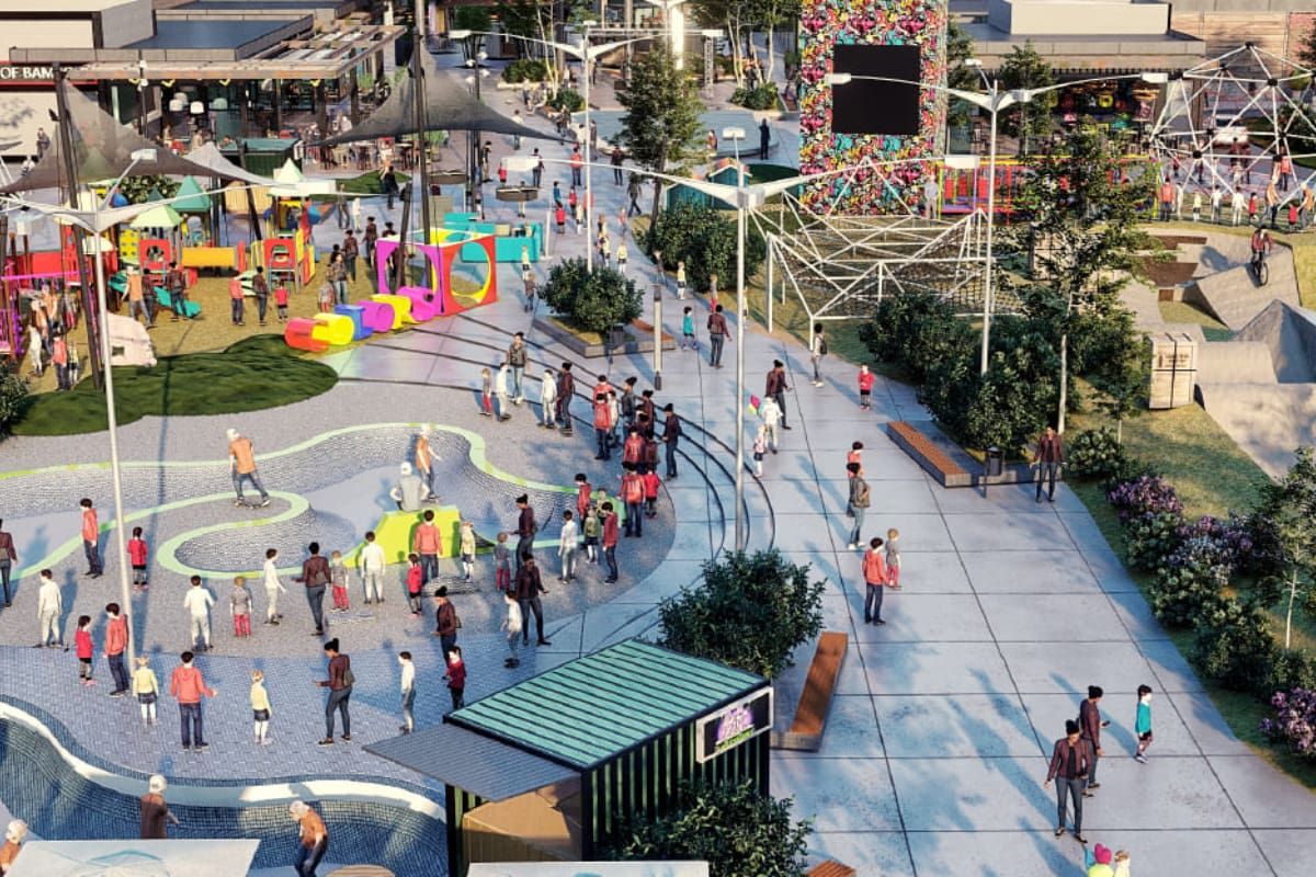 Además de sus tiendas, el proyecto original contaría con amplias áreas verdes sustentables y zonas de entretención para la comunidad. Créditos: Parque Chicureo.