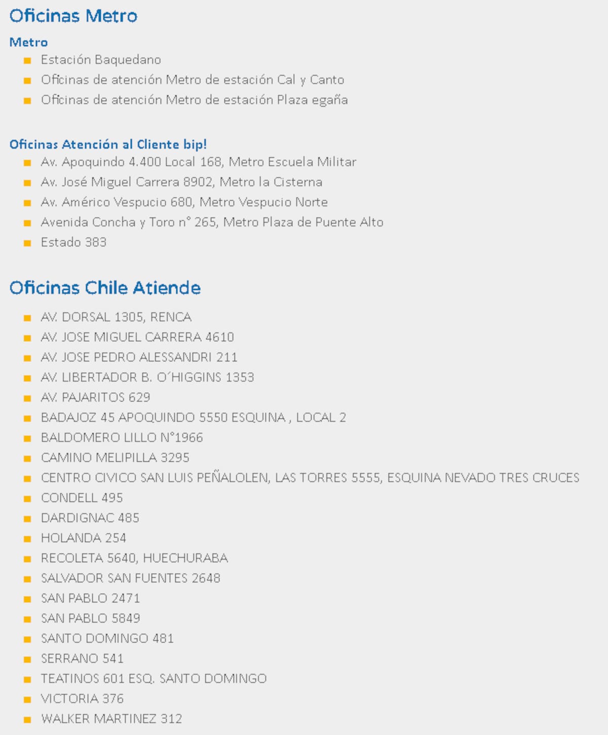 Oficinas para tramitar la Tarjeta Bip! Adulto Mayor.