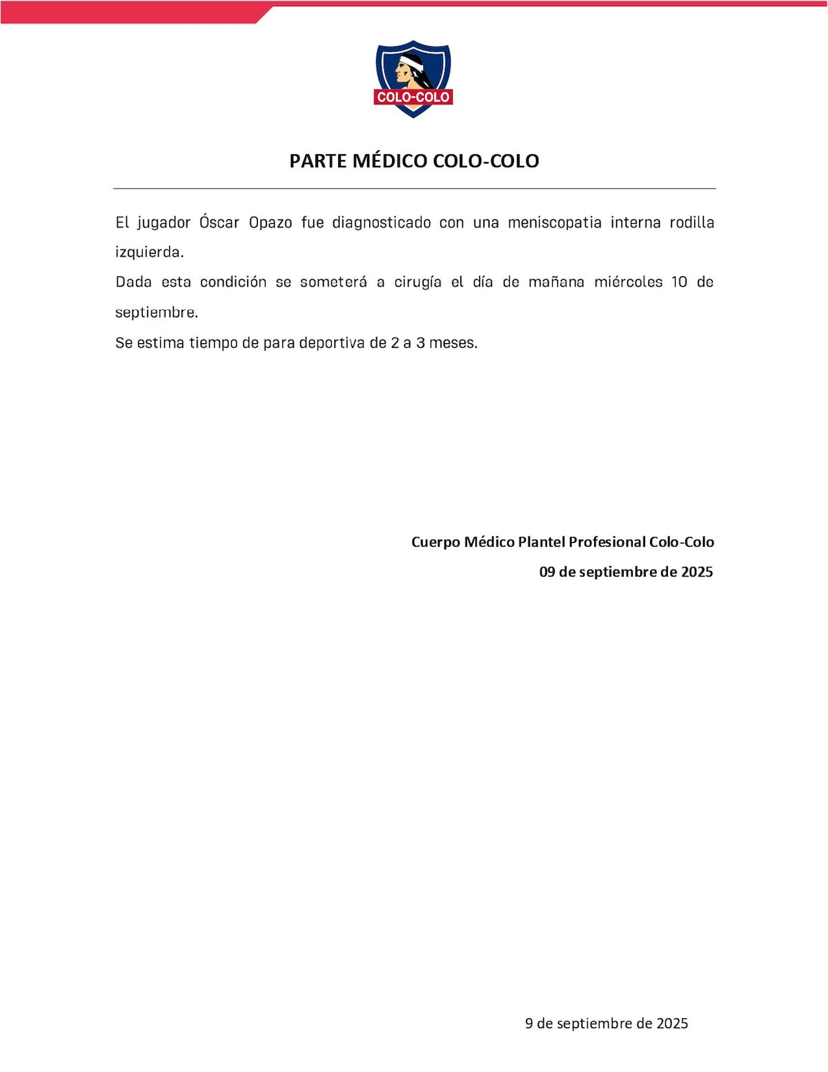 Colo Colo informó el parte médico del Torta.
