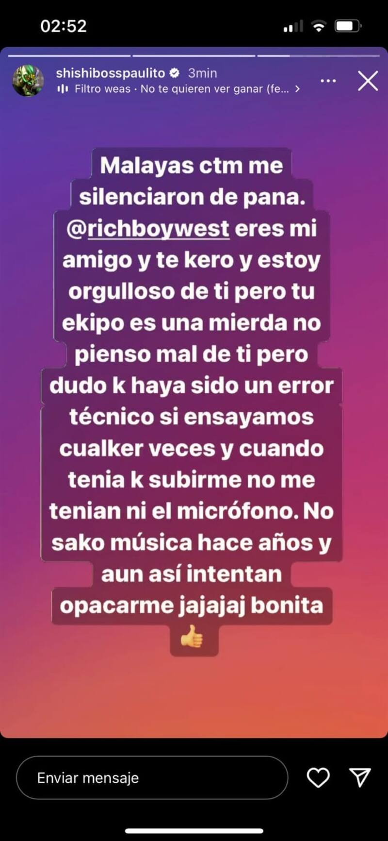 Realizó sus descargos en Instagram